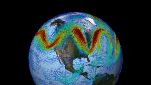Visualization of a very wavy northern hemisphere jet stream.  Credit: NASA