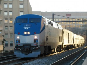 An Amtrak train leaves the station. 