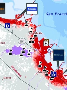This map from the "South San Francisco Bay Shoreline Study" shows areas of flooding during a 100-year flood, which would be compounded by a rising sea level. Black icons with pennants denote schools.  Credit: U.S. Army Corps of Engineers.