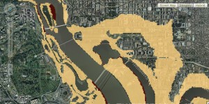 Washington, D.C. with projected sea rise, tan areas are those going underwater. Credit: skepticalscience