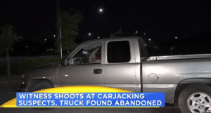 Pickup truck that was struck by bullets in Houston carjacking  Credit: KHOU Channel 11 News