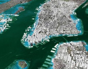 Map of New York City if sea levels rise 3 meters (areas underwater are in light blue).