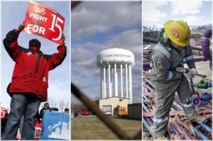 This March 21, 2016 file photo shows the Flint Water Plant water tower in Flint, Mich. After months of national attention on lead-tainted drinking water in Flint, many are starting to ask questions about a 74-mile pipeline being built from Lake Huron to the struggling former auto manufacturing powerhouse. The $285 million project is rooted in political ambitions and long-simmering resentment toward Detroit, which for decades had near-total control of the city’s water rates.  Credit: AP/Paul Sancya/Carlos Osorio/Brennan Linsley